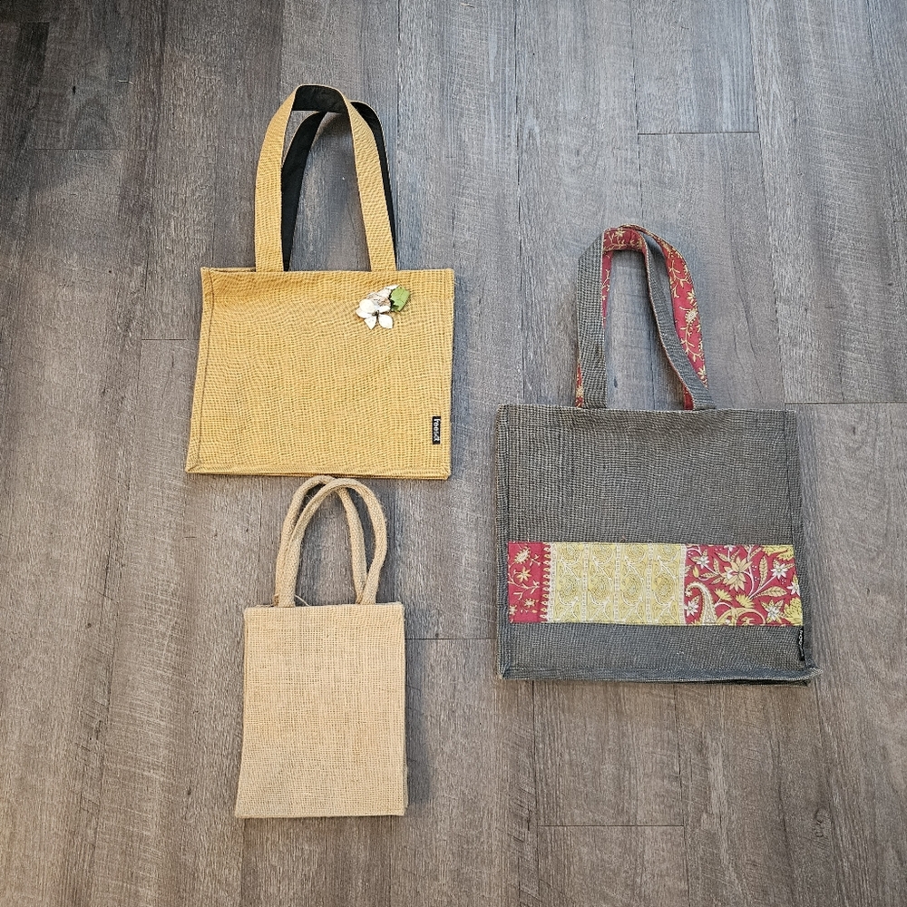 Freeset Tote bag Bundle Of 3  Burlap/Jute  Flower Tiles Handmade LRG MED SMALL